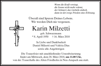 Traueranzeige von Karin Milzetti von  Usinger Anzeiger Traueranzeige von Karin Milzetti von  Usinger Anzeiger