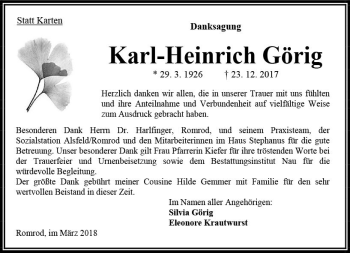 Traueranzeige von Karl-Heinrich Görig von VRM Trauer