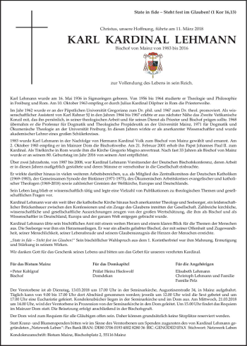 Traueranzeige von Karl Kardinal Lehmann von Trauerportal Rhein Main Presse