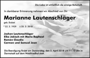 Traueranzeige von Marianne Lautenschläger von Trauerportal Rhein Main Presse