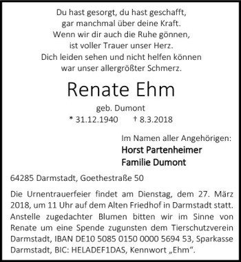 Traueranzeige von Renate Ehm von Trauerportal Rhein Main Presse