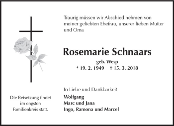 Traueranzeige von Rosemarie Schnaars von Trauerportal Rhein Main Presse