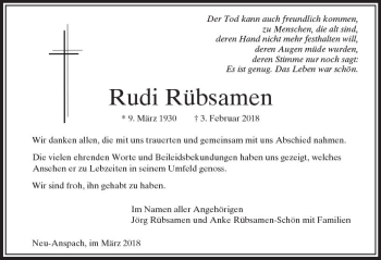 Traueranzeige von Rudi Rübsamen von  Usinger Anzeiger Traueranzeige von Rudi Rübsamen von  Usinger Anzeiger