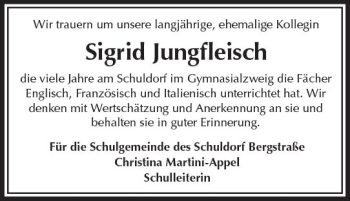 Traueranzeige von Sigrid Jungfleisch von Trauerportal Rhein Main Presse