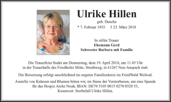 Traueranzeige von Ulrike Hillen von  Usinger Anzeiger Traueranzeige von Ulrike Hillen von  Usinger Anzeiger