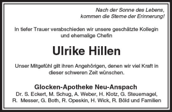 Traueranzeige von Ulrike Hillen von  Usinger Anzeiger Traueranzeige von Ulrike Hillen von  Usinger Anzeiger