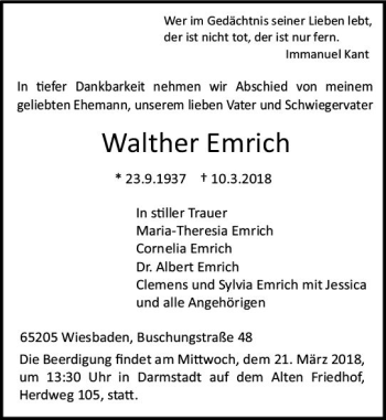 Traueranzeige von Walther Ennrich von Trauerportal Rhein Main Presse