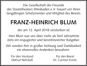 Traueranzeige von Franz-Heinrich Blum von VRM Tageszeitungen