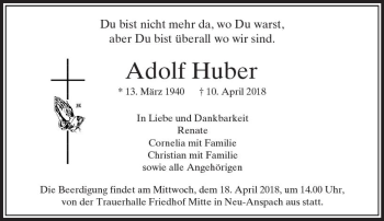 Traueranzeige von Adolf Huber von  Usinger Anzeiger Traueranzeige von Adolf Huber von  Usinger Anzeiger