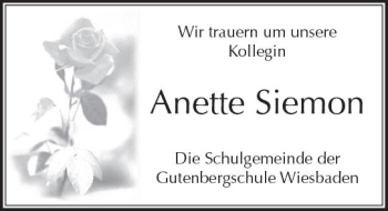 Traueranzeige von Anette Siemon von Trauerportal Rhein Main Presse