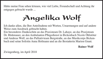 Traueranzeige von Angelika Wolf von Trauerportal Rhein Main Presse