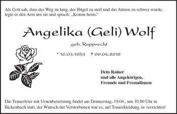 Traueranzeige von Angelika Wolf von Trauerportal Rhein Main Presse