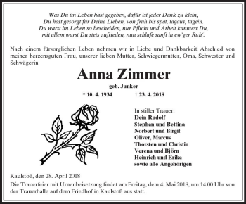 Traueranzeige von Anna Zimmer von  Kreisanzeiger