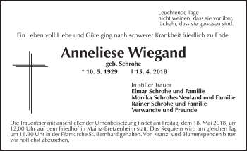 Traueranzeige von Anneliese Wiegand von Trauerportal Rhein Main Presse