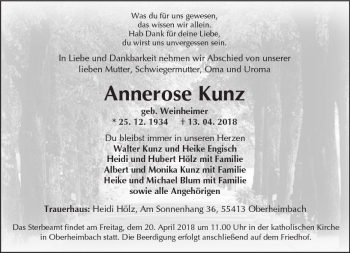 Traueranzeige von Annerose Kunz von Trauerportal Rhein Main Presse