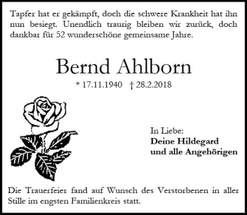 Traueranzeige von Bernd Ahlborn von Trauerportal Rhein Main Presse