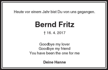 Traueranzeige von Bernd Fritz von Trauerportal Rhein Main Presse
