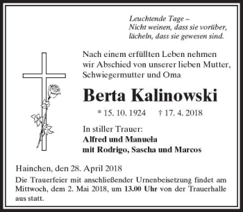 Traueranzeige von Berta Kalinowski von  Kreisanzeiger