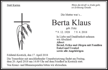 Traueranzeige von Berta Klaus von VRM Trauer