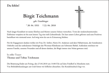 Traueranzeige von Birgit Teichmann von Trauerportal Rhein Main Presse
