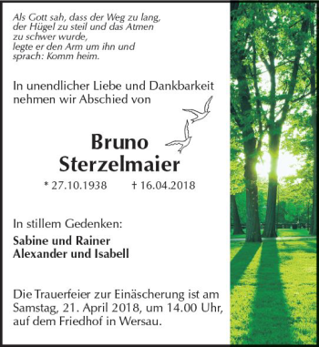 Traueranzeige von Bruno Sterzelmaier von Trauerportal Rhein Main Presse