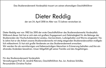 Traueranzeige von Dieter Reddig von Trauerportal Rhein Main Presse