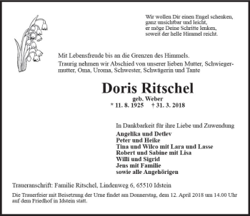 Traueranzeige von Doris Ritschel von Trauerportal Rhein Main Presse