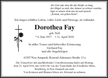 Traueranzeige von Dorothea Fay von  Usinger Anzeiger