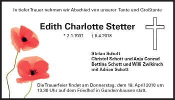 Traueranzeige von Edith Charlotte Stetter von Trauerportal Rhein Main Presse