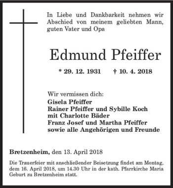 Traueranzeige von Edmund Pfeiffer von Trauerportal Rhein Main Presse