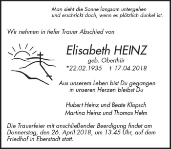 Traueranzeige von Elisabeth Heinz von Trauerportal Rhein Main Presse