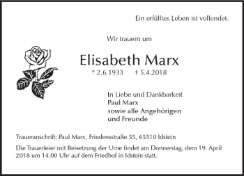 Traueranzeige von Elisabeth Marx von Trauerportal Rhein Main Presse