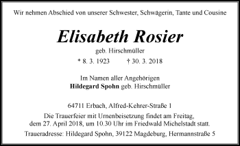 Traueranzeige von Elisabeth Rosier von Trauerportal Rhein Main Presse