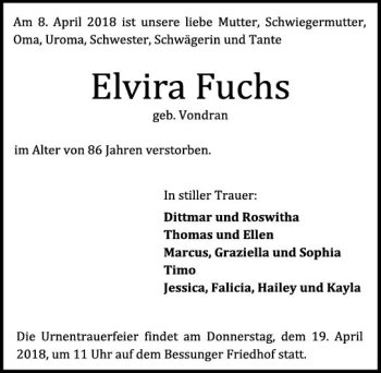 Traueranzeige von Elvira Fuchs von Trauerportal Rhein Main Presse