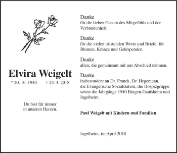 Traueranzeige von Elvira Weigelt von Trauerportal Rhein Main Presse