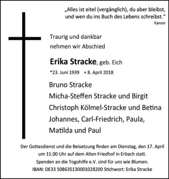 Traueranzeige von Erika Stracke von Trauerportal Rhein Main Presse