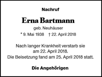 Traueranzeige von Erna Bartmann von Trauerportal Rhein Main Presse