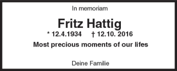 Traueranzeige von Fritz Hattig von Trauerportal Rhein Main Presse