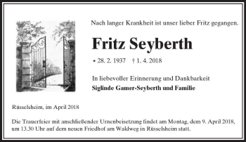 Traueranzeige von Fritz Seyberth von Trauerportal Rhein Main Presse