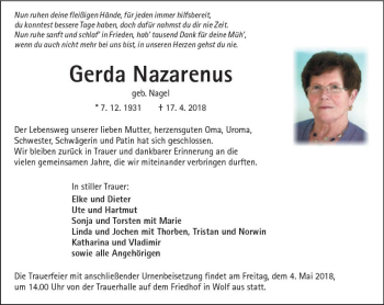 Traueranzeige von Gerda Nazarenus von  Kreisanzeiger