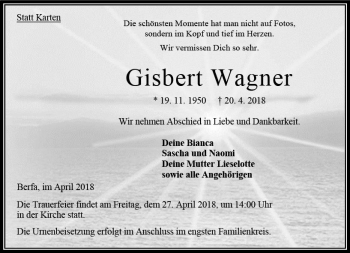 Traueranzeige von Gisbert Wagner von VRM Trauer
