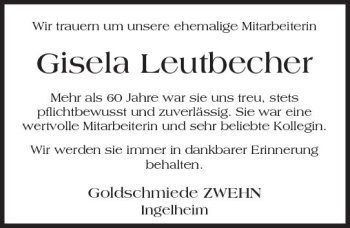 Traueranzeige von Gisela Leutbecher von Trauerportal Rhein Main Presse