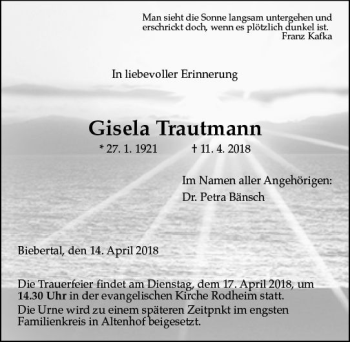 Traueranzeige von Gisela Trautmann von  Gießener Anzeiger