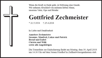 Traueranzeige von Gottfried Zechmeister von Trauerportal Rhein Main Presse