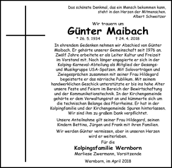 Traueranzeige von Günter Maibach von  Usinger Anzeiger