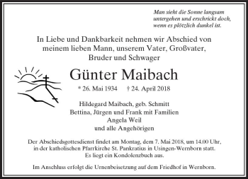 Traueranzeige von Günter Maibach von  Usinger Anzeiger