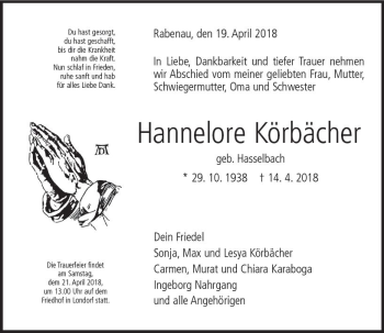 Traueranzeige von Hannelore Körbächer von  Gießener Anzeiger