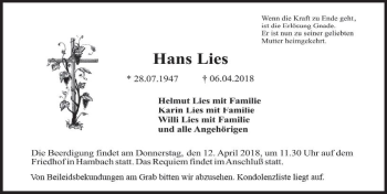 Traueranzeige von Hans Lies von Trauerportal Rhein Main Presse