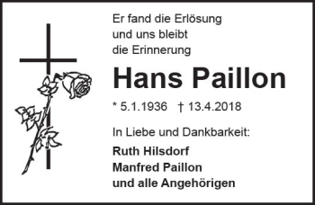 Traueranzeige von Hans Paillon von Trauerportal Rhein Main Presse
