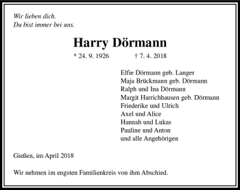 Traueranzeige von Harry Dörrmann von  Gießener Anzeiger